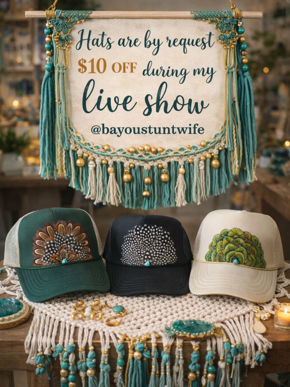 🪶Hats are $10 off during live shows🪶